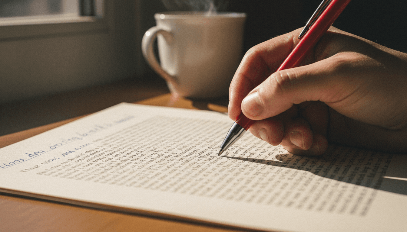Hand holding a red pen over a printed academic page with margin notes