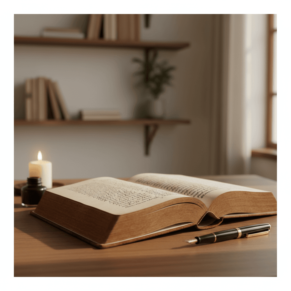 Open leather-bound book with handwritten notes on wooden table in candlelit study room
