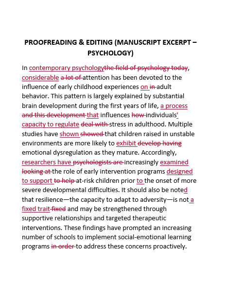Proofread psychology manuscript excerpt with red strikethroughs and underlines indicating various editorial changes.