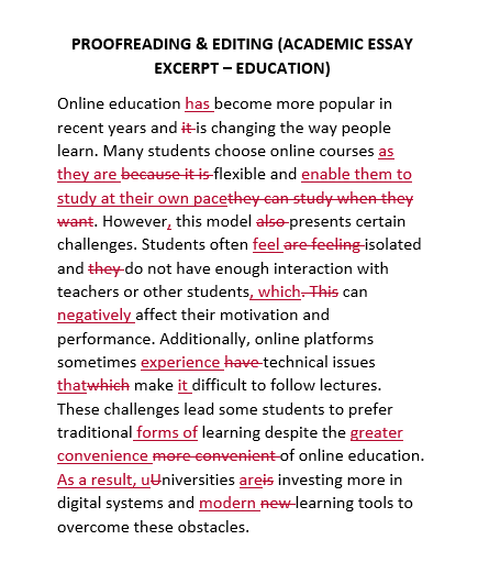 Academic essay excerpt about online education featuring visible red proofreading and editing marks.
