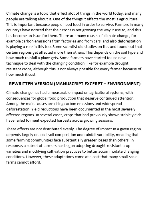Comparison of an original draft and a rewritten manuscript excerpt about climate change and agriculture.