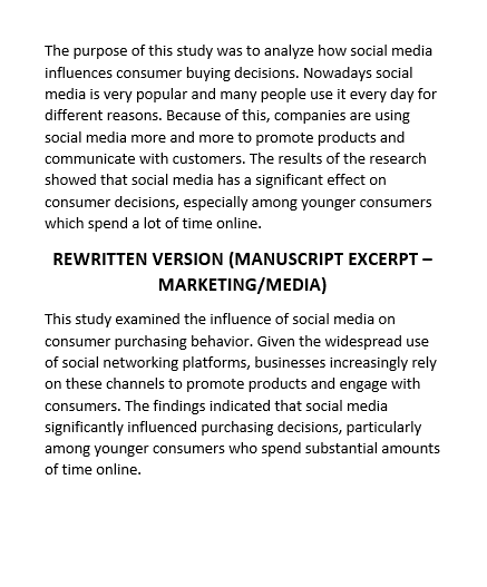 Original and rewritten manuscript excerpts demonstrating academic editing for a marketing and media study.