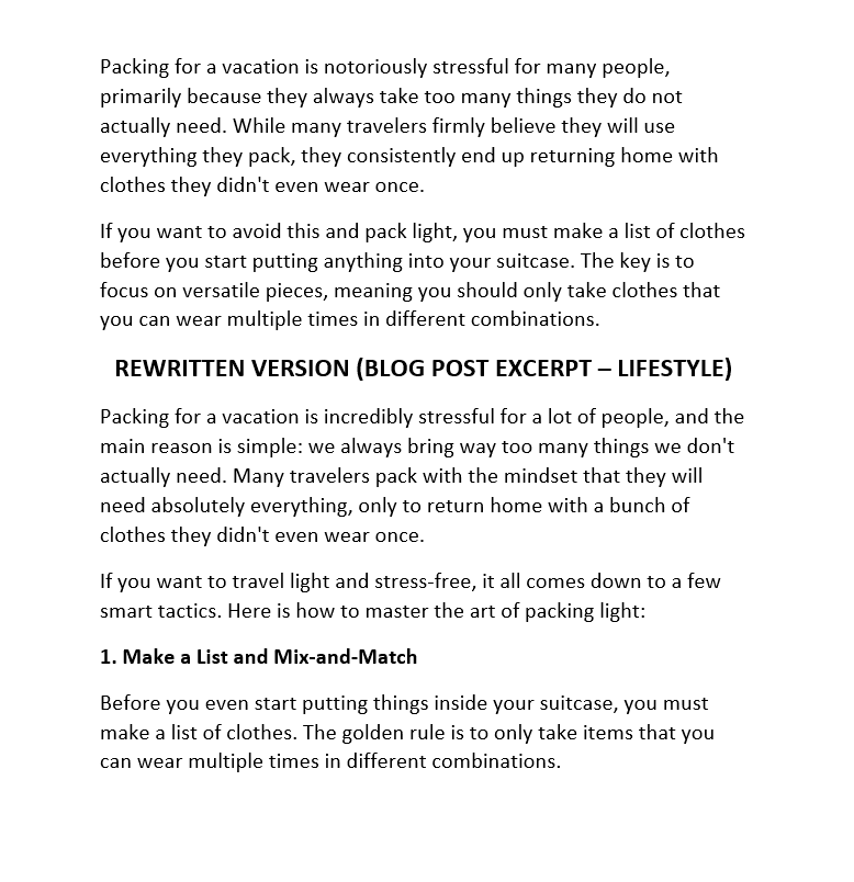 Original and rewritten lifestyle blog post excerpts about tips for packing light and reducing stress.