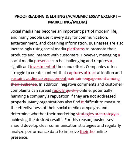 Academic essay excerpt about social media marketing featuring visible red proofreading and editing corrections.